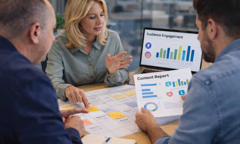 Team discussing content report data.