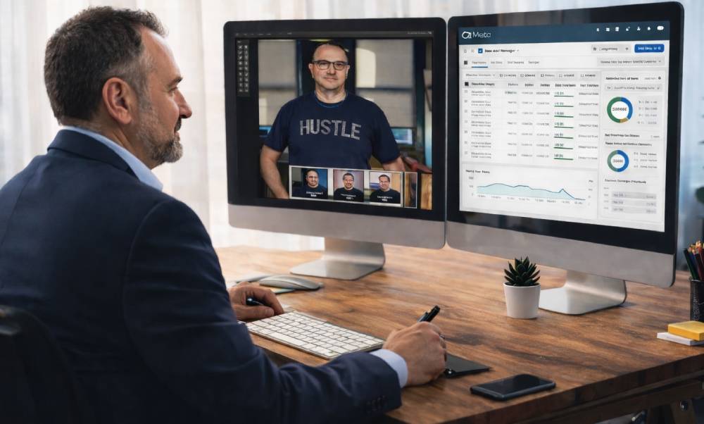 Person working on dual computer screens.