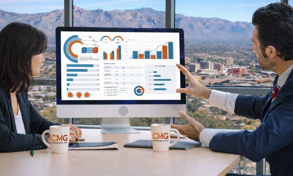 Business meeting with data presentation.