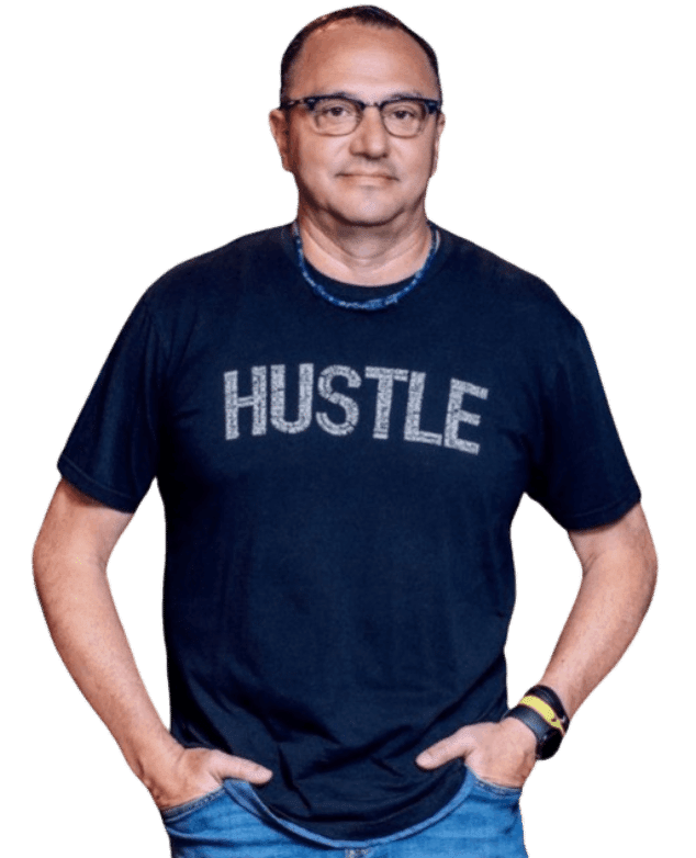 Person wearing a 'HUSTLE' shirt.
